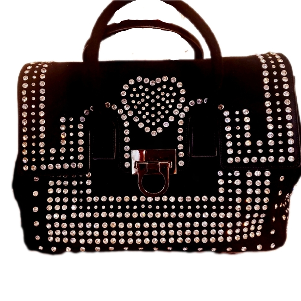 CHARM & LUCK Blk Suede w/Cry. Heart Satchel Vintage NWOT